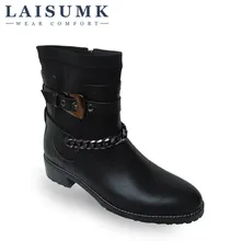 2017 LAISUMK Women Zipper Elastic Fabric + PU Ankle Boots Autumn Winter Buckle Chain Motorcycle Boots Square Heel Shoes