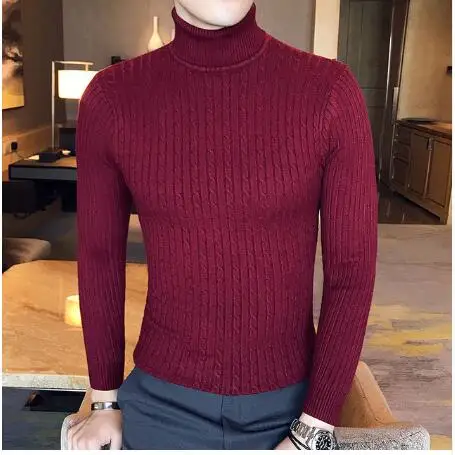 Свитер с высоким воротом, мужской шерстяной пуловер и свитеры для мужчин, полосатый мужской свитер с высоким воротом, повседневный теплый джемпер высокого качества - Цвет: Бургундия