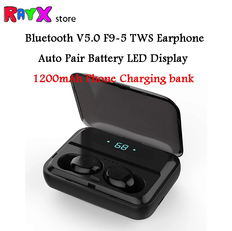 

F9-5 TWS Wireless Auto Pair Headphone Bluetooth Earphones 1300mAh Charging Bank Invisible Earbuds LED Display Stereo IPX7