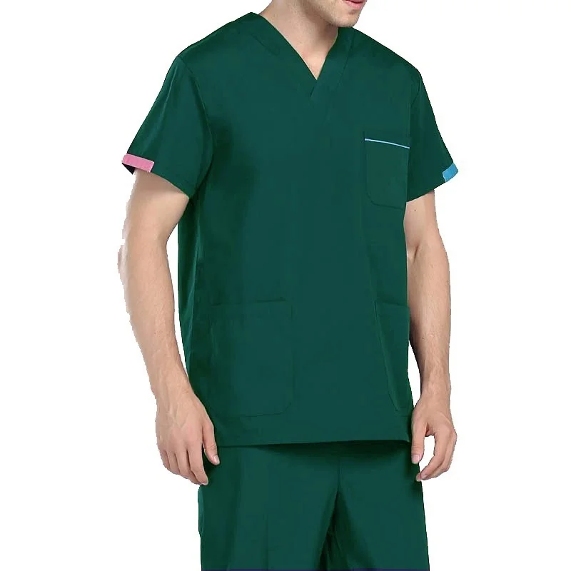 [Топ] Мужские Модные топы с короткими рукавами, v-образный вырез, контрастные цвета, дизайн, униформа для кормления, медицинская униформа