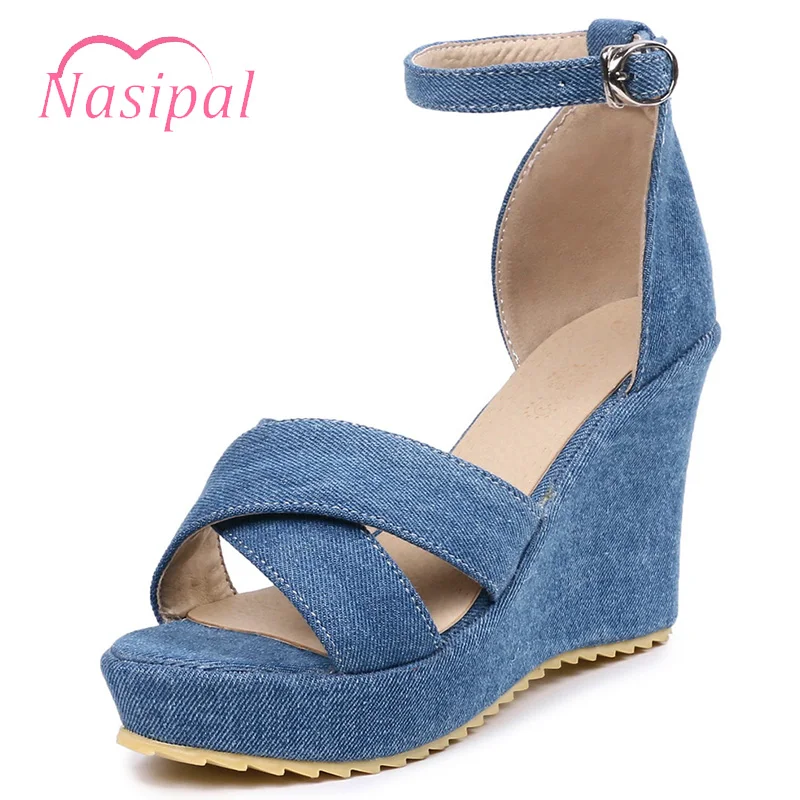 

Nasipal Denim Wedge Sandals Women Summer Ankle Strap High Heels Ladies Party Dress Shoes Open Toe Casual Beach Shoes Woman C612