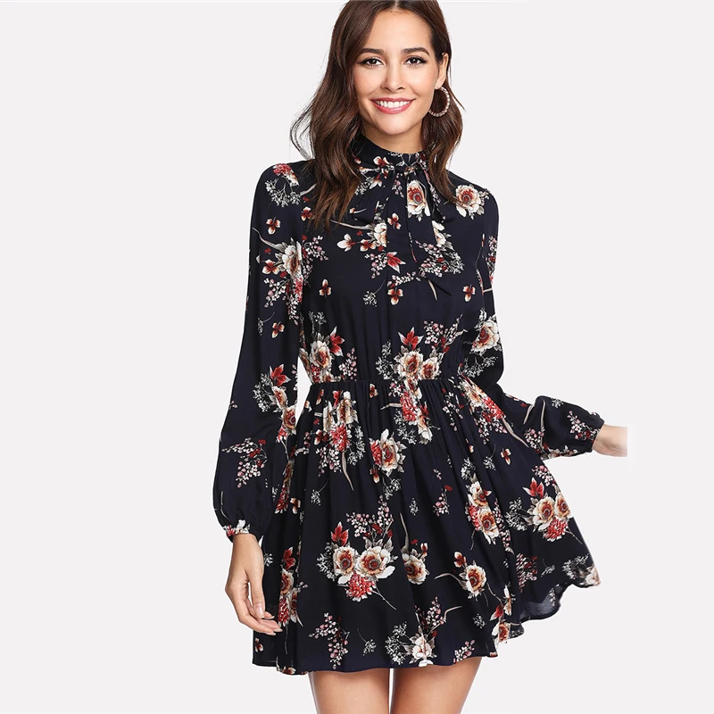 

Autumn Floral Women Dresses Multicolor Elegant Long Sleeve High Waist A Line Chic Dress Ladies Tie Neck Dress Plus Size Dress