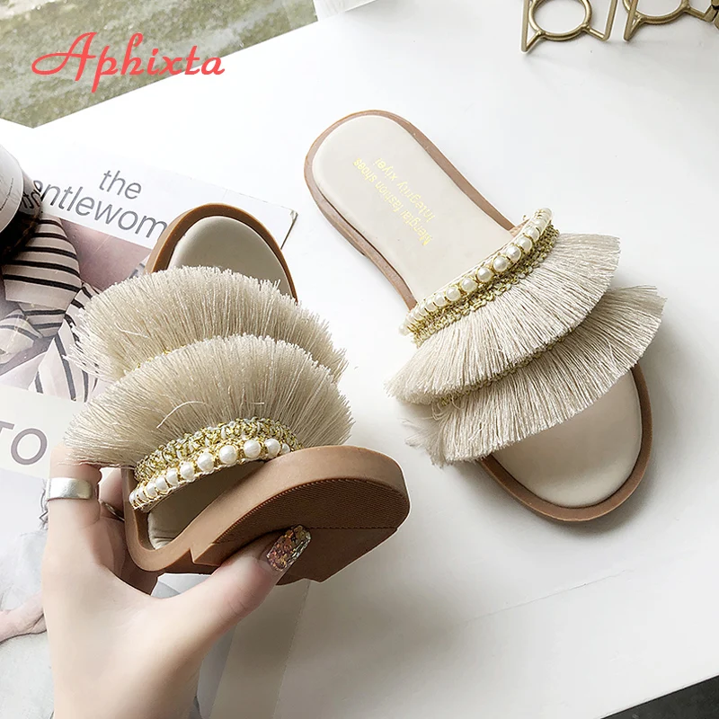 Aphixta/женские шлепанцы на плоской подошве с бахромой Женские вьетнамки из