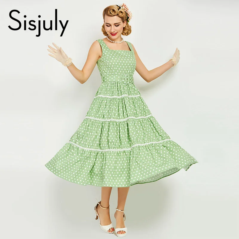 Sisjuly 1950s Vintage Women Dress Green Pin Up Sexy Halter Party Style Dresses Elegant Famale