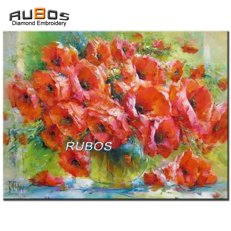 RUBOS Diamond Mosaic Red Poppy Flowers vase Full Round New Sale Diamond Painting Cross Stitch Beaded Embroidery Wall Sticker (1)