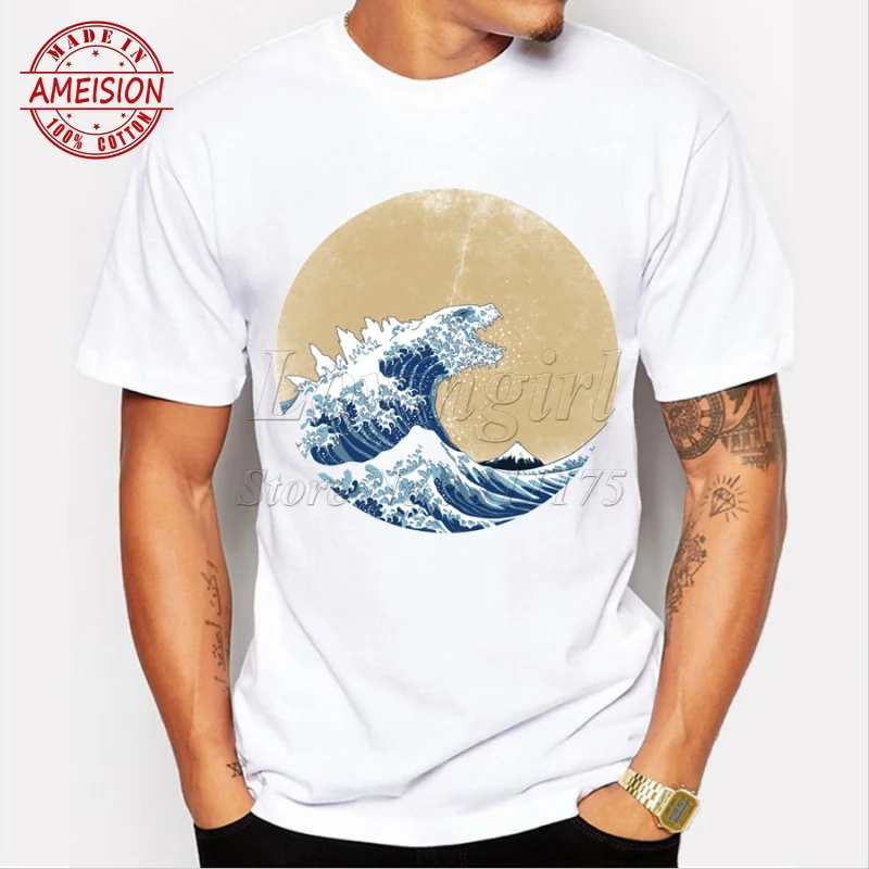 2019 Animal big wave design t-shirt Harajuku cool tops for Men Print  O-Neck  Cotton  Casual  Short
