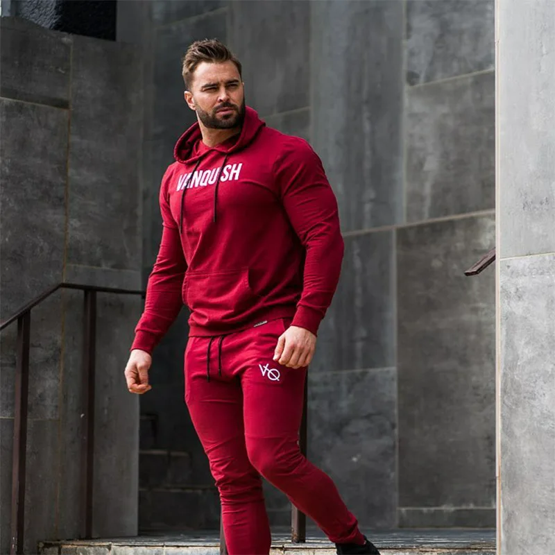 Зимний спортивный костюм для мужчин, набор для бега, для улицы, для бега, для спортзала, фитнеса, с капюшоном, спортивный костюм s, для баскетбола, тренировочная одежда, набор для бега - Цвет: Красный