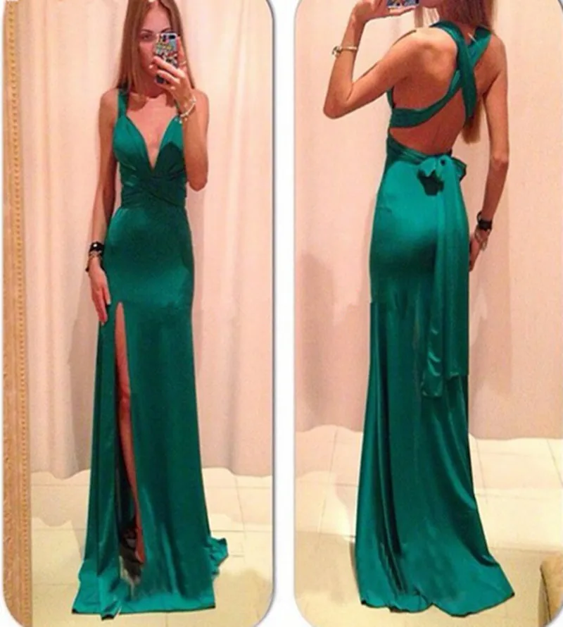 Fashion Green Long Mermaid Evening Dresses Cross Back High Slit Evening Gowns Wedding Guest Formal Dresses