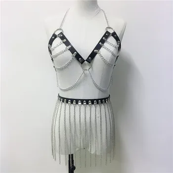 

Punk Black Hollow Out PU 2 Piece Set Halter Metal Chain Crop Tops Long Tassel Mini Skirt Sexy Women ClubWear Matching Sets