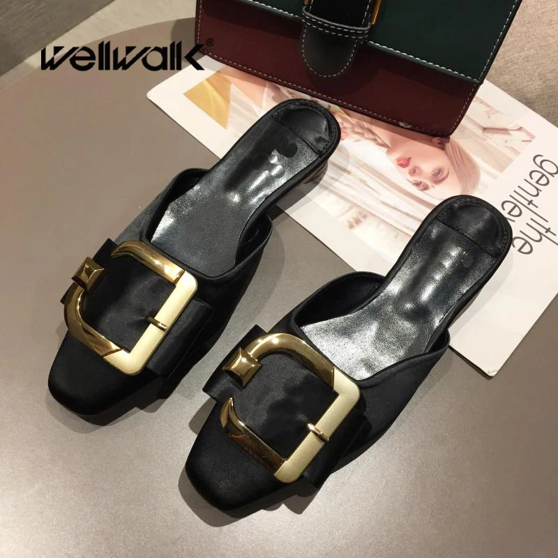 

Wellwalk Brand Buckle Slippers Ladies Mules Shoes Women Flat Slides Female Dress Slippers Square Toe Slides Office Lady Summer