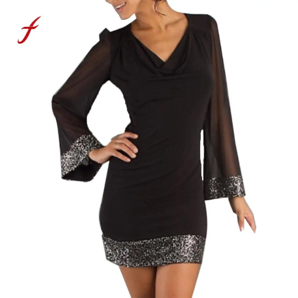 USPS feitong Summer Dresses Cotton White Female Women's V Neck Sequined Long Sleeve Stitching 