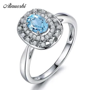 

AINUOSHI Genuine 925 Silver Natural Blue Topaz Halo Ring 0.5 Carat Oval Cut Double Halo Ring Trendy Wedding Engagement Ring