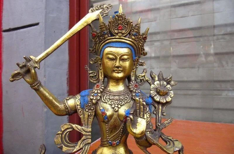 

9" Tibet Temple Copper Bronze Gild Manjusri Kwan-Yin Guan Yin Bodhisattva Statue
