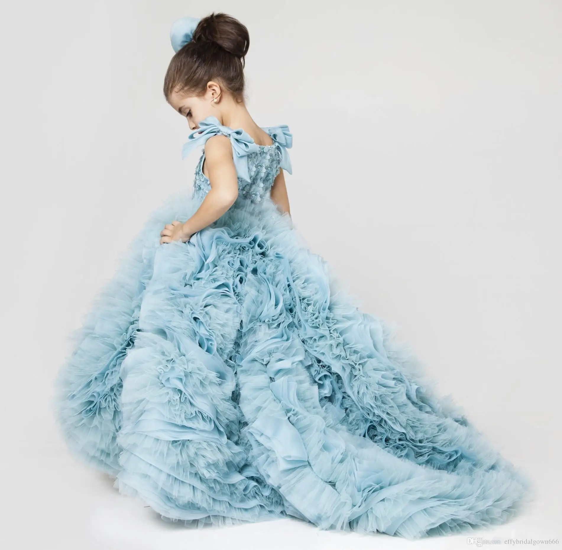 Cute Blue Flower Girls Dresses With Long Train Organza With Ruffles