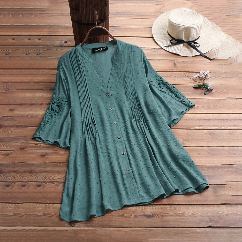 

Women White Shirts Ladies Casual V-neck Short Sleeve Loose Embroidery Single Row Button Boho M~3XL Tops Roupas