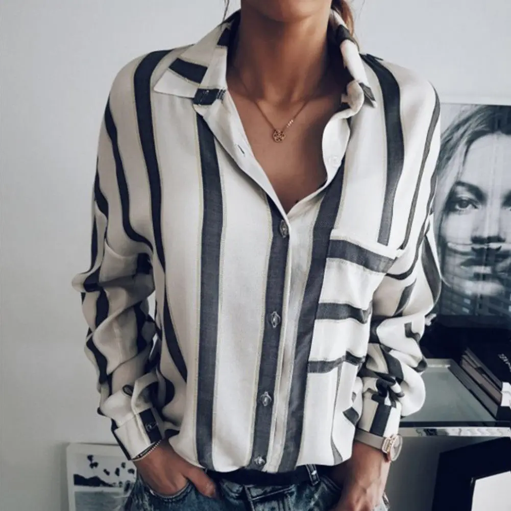 

Fashion Womens Casual Striped Long Sleeve Topa and Blouses Elegant Loose Harajuku Shirt Summer Chiffon chemise femme