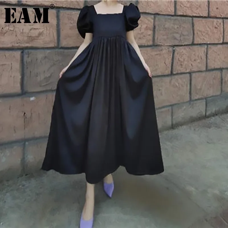 

[EAM] 2019 New Spring Summer Round Neck Short Puff Sleeve Black Loose Big Size Temperament Dress Women Fashion Tide JW683