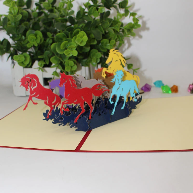  3D Laser Cut Handmade Art of Calligraphy Colorful Galloping Horse Paper Invitation Greeting Cards P - 32891078674