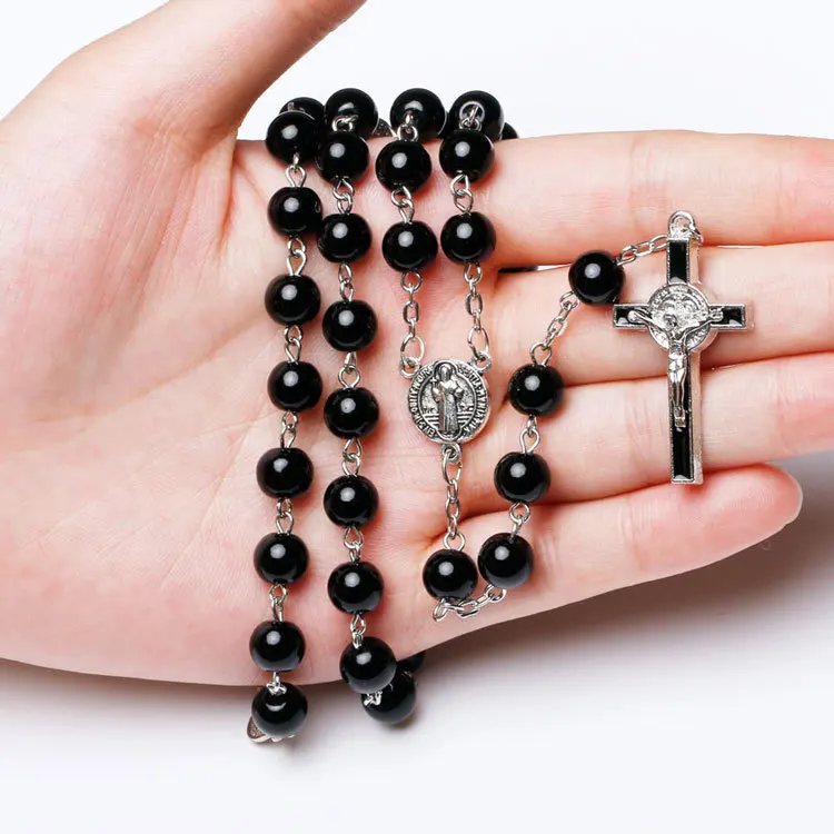 Черное стекло католической четки, крест Распятие Smqlivb религиозная девственница Мэри Подвески ожерелье-цепь из сплава 70 см + 15 см