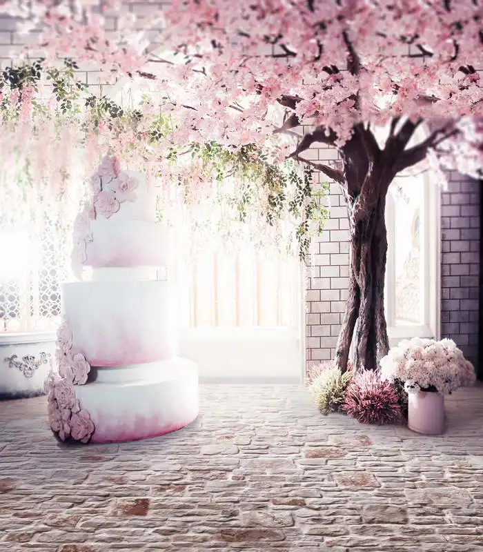 

TR Garden Pink Cherry Blossom Wedding Background Brick Floor Cake with Cherry Trees Photography Backdrops Studio For Baby Photo