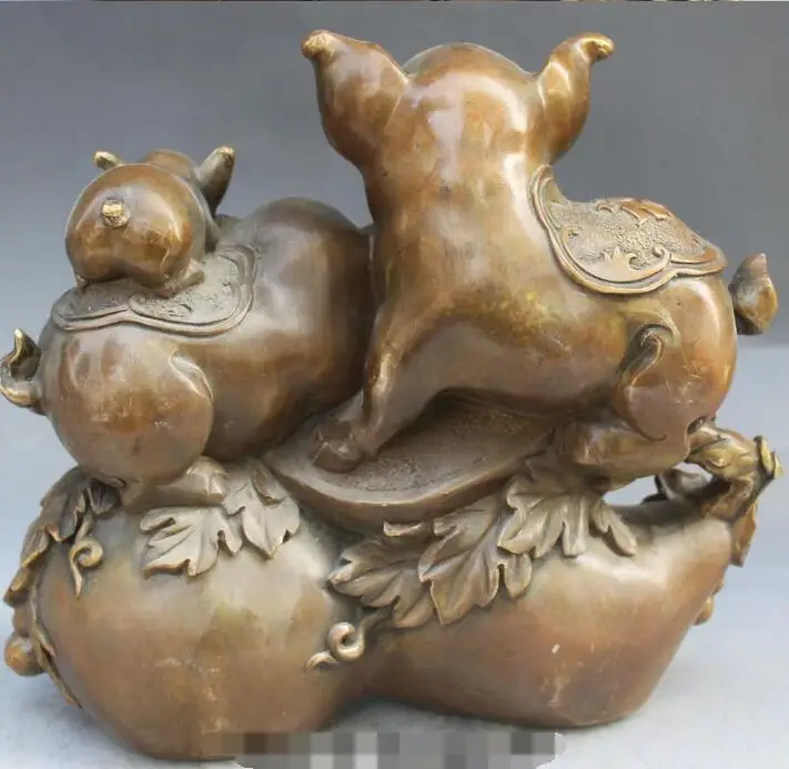 

S0971 11" Marked Chinese Bronze Folk Fengshui Zodiac Year 3 Fu Pig On Calabash Statue