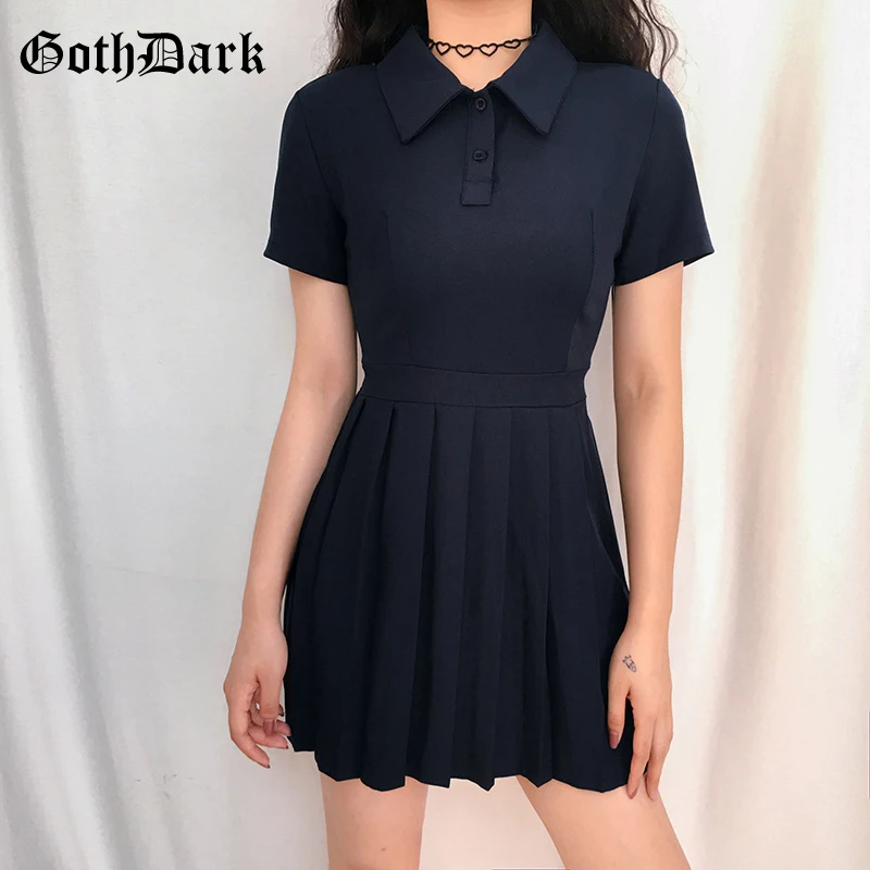 

Goth Dark Navy Blue Print Punk Gothic Dress Female Harajuku Button Fall 2109 Fashion Elegant Mini Dresses Female Pleated Grunge