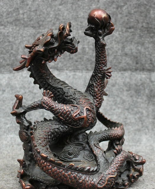 

JP S62 Chinese Pure Bronze Buddhism FengShui Myth Wealth Zodiac Fly Dragon Ball Statue B0403