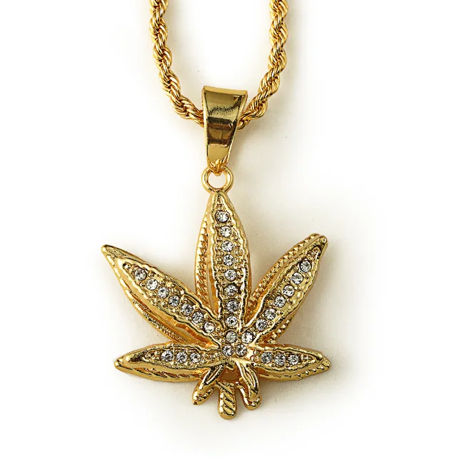 Iced Out Rhinestone Double Weed Pendant Necklace for Men Jewelry 80cm Rope Chain Golden Colour Personalized Pendant Hip Hop