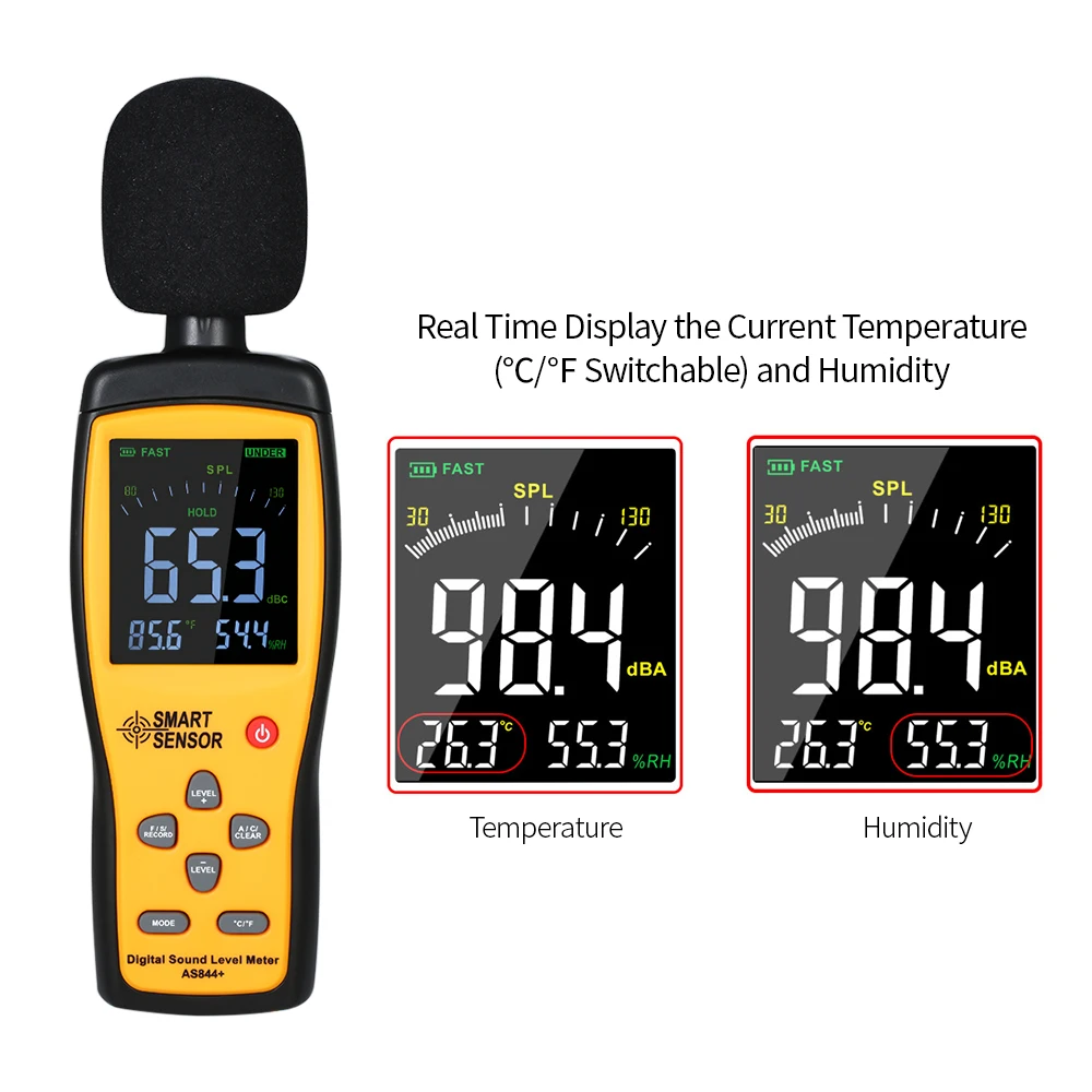 30-130 dB Digital Sound Level Meter Thermometer Hygrometer Noise Volume Tester with USB Connect Computer Data Record Function