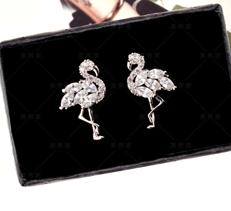 crane full cubic zircon bird earrings 925 silver post Hypoallergenic fadeless fashion jewelry stud earrings for women girl