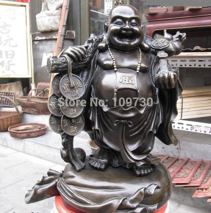 

China Pure Bronze Copper Coin Money Happy laughter Maitreya Buddha Art statuary