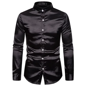 

Mens Mandarin Collar Silk Satin Dress Shirts 2019 Brand New Regular Fit Long Sleeve Shirt Men Business Casual Camisa Masculina