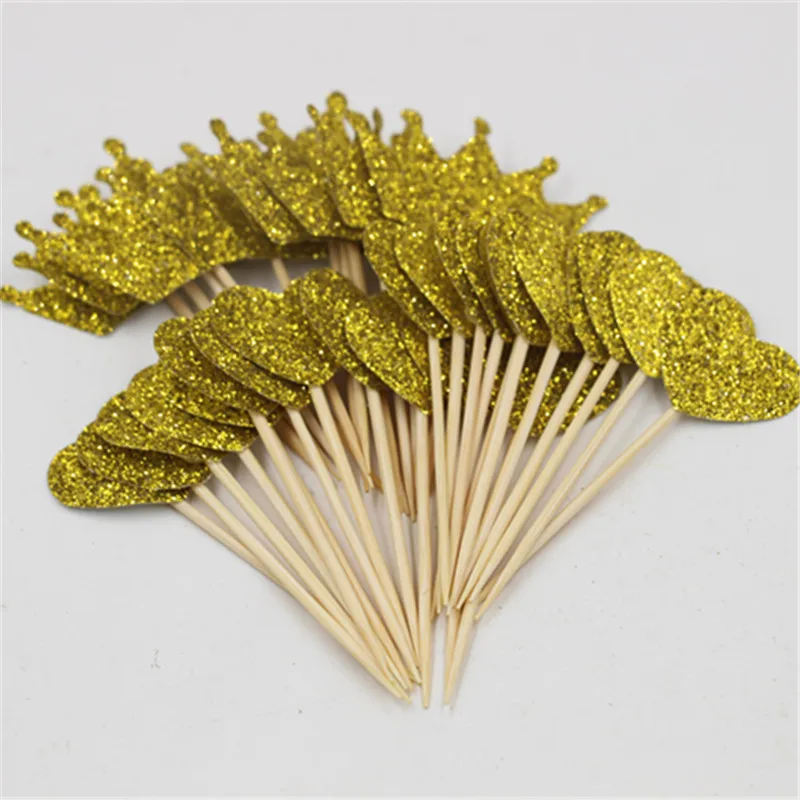 

Gold Glitter Heart and Crown Cupcake Topper for New Baby Shower Favor Birthday Party Pick Pack of 24