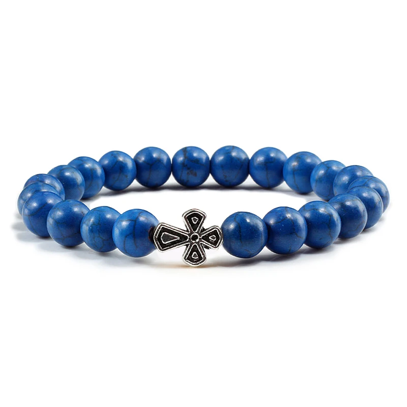 Стиль, мужской браслет с крестиком, матовые браслеты с бусинами из натурального камня, христианская вера, браслеты для женщин и мужчин, ювелирное изделие, подарок - Окраска металла: Dark Blue