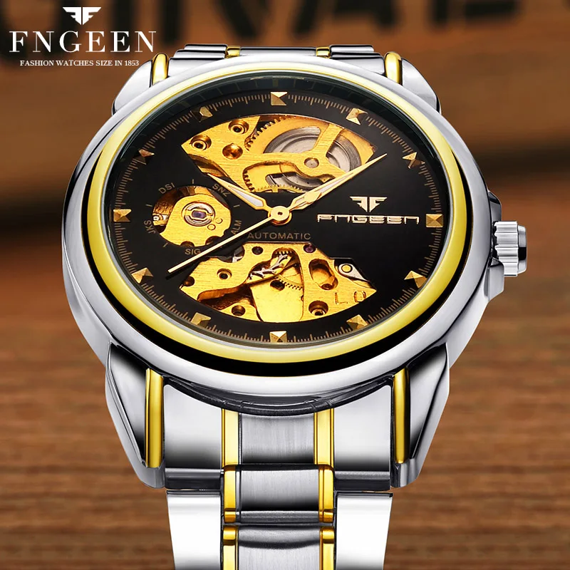 

FNGEEN Brand Watches Men Mechanical Skeleton Wrist Watches Fashion Casual Automatic Watch Gold Steel Band relogio masculino