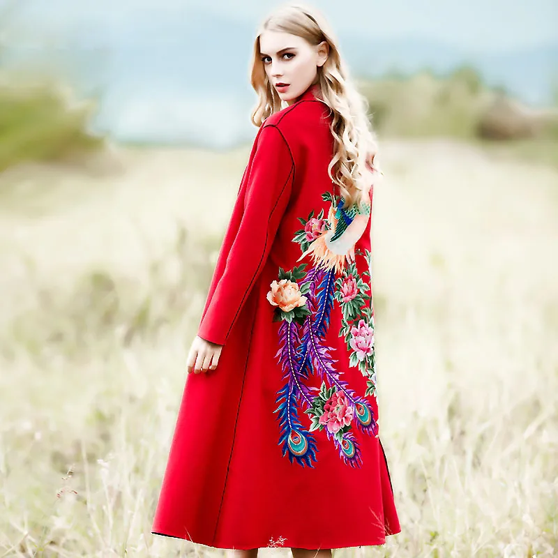 

High-end autumn winter trench coats for women puls size vintage Elegant woolen embroidery floral warm overcoat female L-XXXL