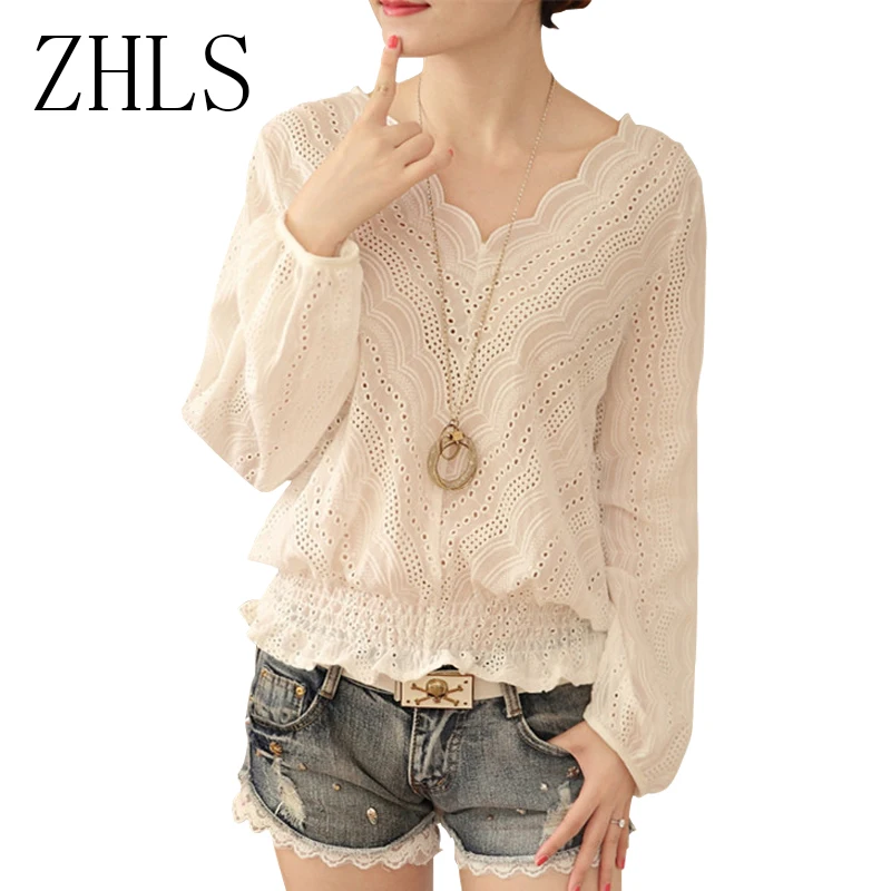White Blouses Shirts Women V Neck Full Sleeve Sexy Hollow