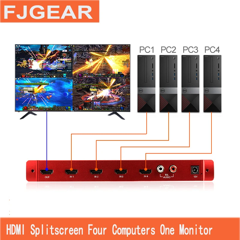 

HDMI Splitter 4 in 1 out HD Computer Seamless Display 4 Screen Switcher Four Way Splitter With remote control With adapt