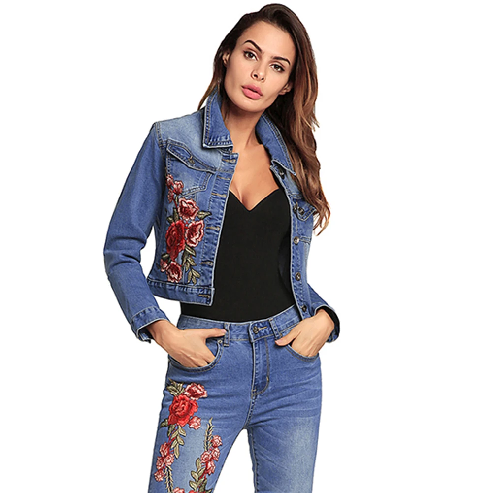 Fashion Embroidered Flower Denim Jacket Turn Down Collar Long Sleeve ...