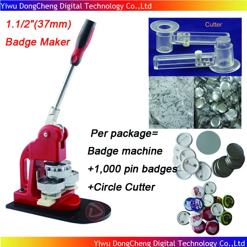 

Wholesale Free Shipping 1.1/2"(37mm) Badge Button Machine + Adjust Circle Cutter+1,000 Plastic Pin Badge Material