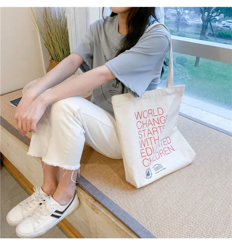 Женская Холщовая Сумка на плечо, женская сумка из чистого хлопка, складная сумка для покупок, сумка для студентов, простая Экологичная сумка для покупок