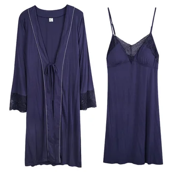 

Plus Size M-3XL Kimono Lingerie Women Lace Robe Dress Babydoll Nightdress Women Sleepwear Set Coat dress 2 Pieces Pijamas Mujer