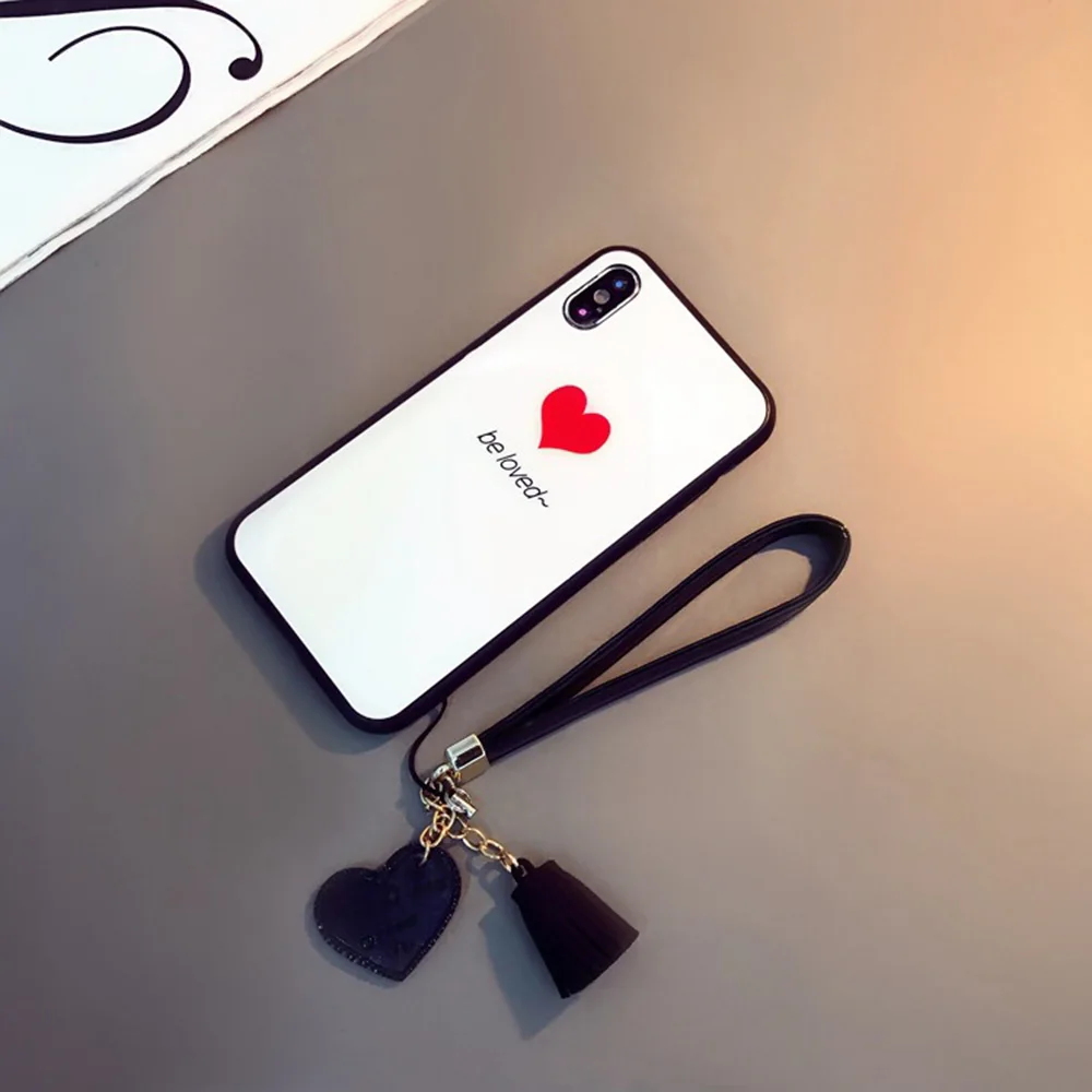 Роскошный чехол из закаленного стекла для iPhone Xr Xs Max Tassel Lanyard Love Heart чехол для iPhone 7 8 6s Plus Bumper противоударный Fundas - Цвет: 5