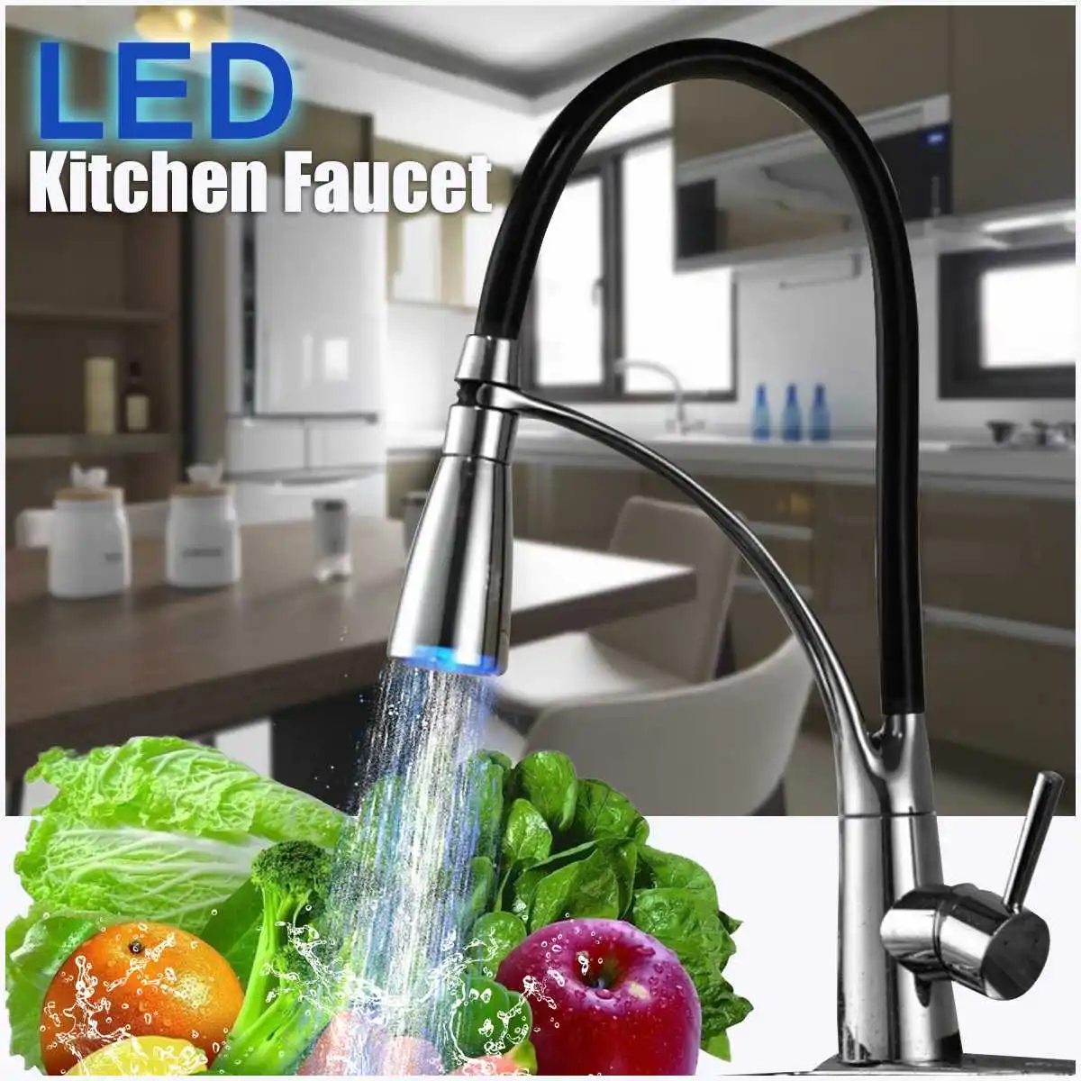 360 Degree Hot Cold LED Kitchen Faucet Pull Out Spray Mixer Tap Hand Held Deck Mount Faucet Basin For Home Kitchen Bathroom