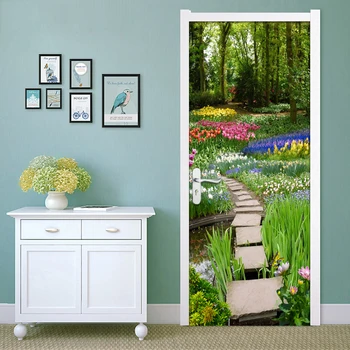 

Forest Flower Grass Small Road DIY Self-adhesive Door Stickers PVC Waterproof Mural Living Room Kitchen Door Sticker Home Decor