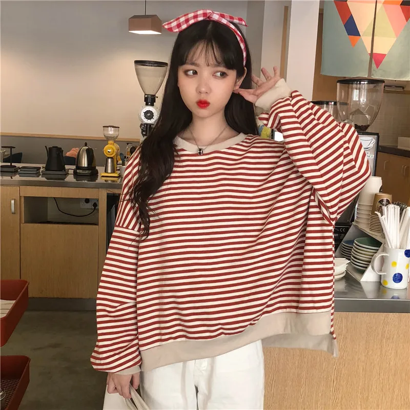 

Sweatshirt striped Harajuku female autumn thin section casual Korean long sleeve loose ins sweet O-Neck Pullovers Sweatshirt