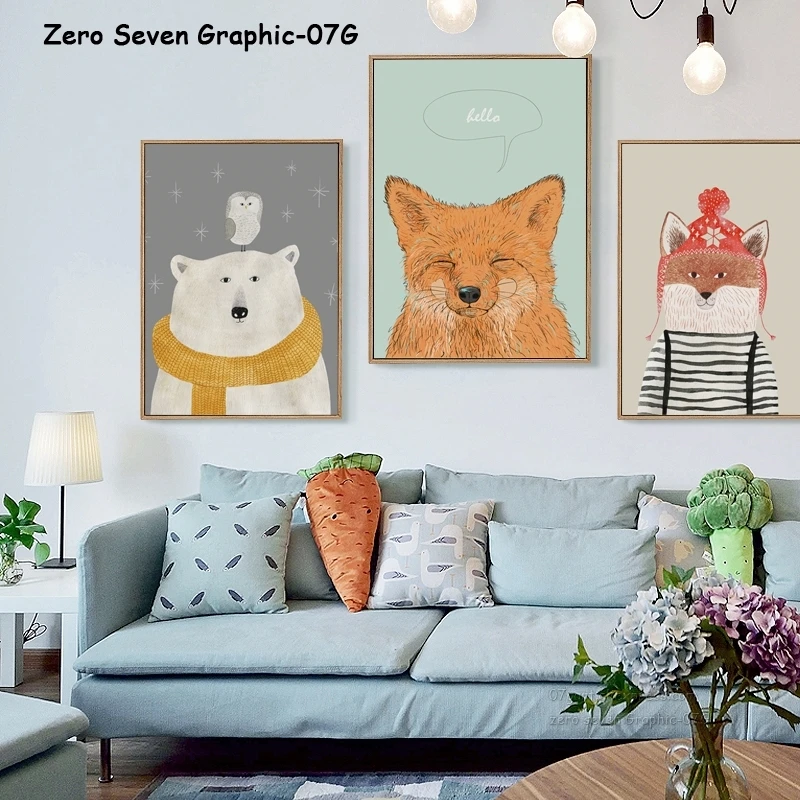 Мультфильм животных Белый медведь Холст плакат и печать Настенная картина искусство детская комната украшение дома