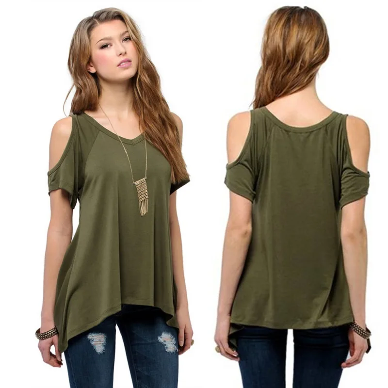 

2019 Summer Fashion Women's Cotton Sexy Off Shoulder Casual Loose Short Sleeve Solid T-Shirt Lady Plus Size Party Tee V Neck Top
