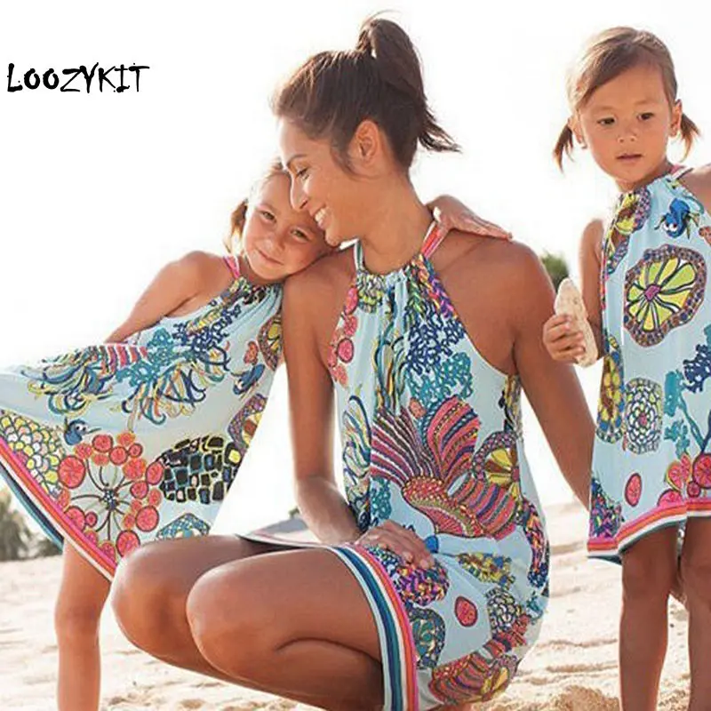 

CALOFE Mom And daughter Dress Boho Sundress Halter Vintage Printed Straight Mini Dress Mom And Daughter Matching Clothes