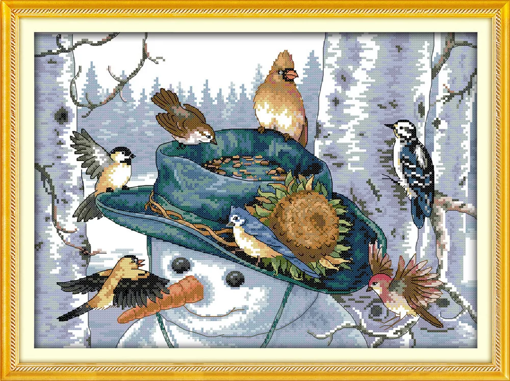 

The snowman with the birds Printed Canvas DMC Counted Cross Stitch Kits printed Cross-stitch set Embroidery Needlework